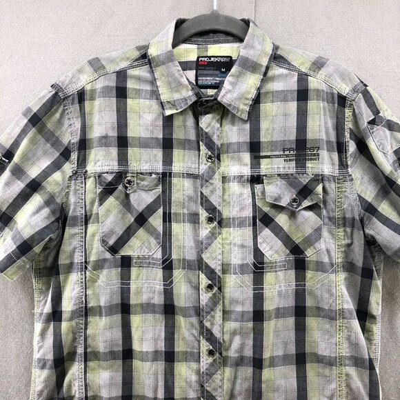 Projek Raw Gray Yellow Plaid Button Up Shirt Mens Medium M Short Sleeve - Picture 3 of 12